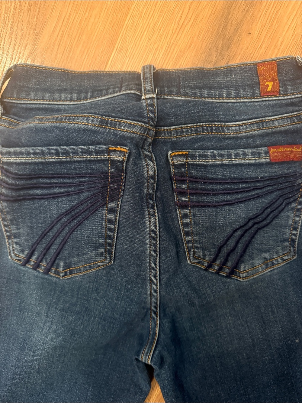 7 For All Mankind Women’s Dark Blue Boot Cut Jeans with Embroidered Back Pockets